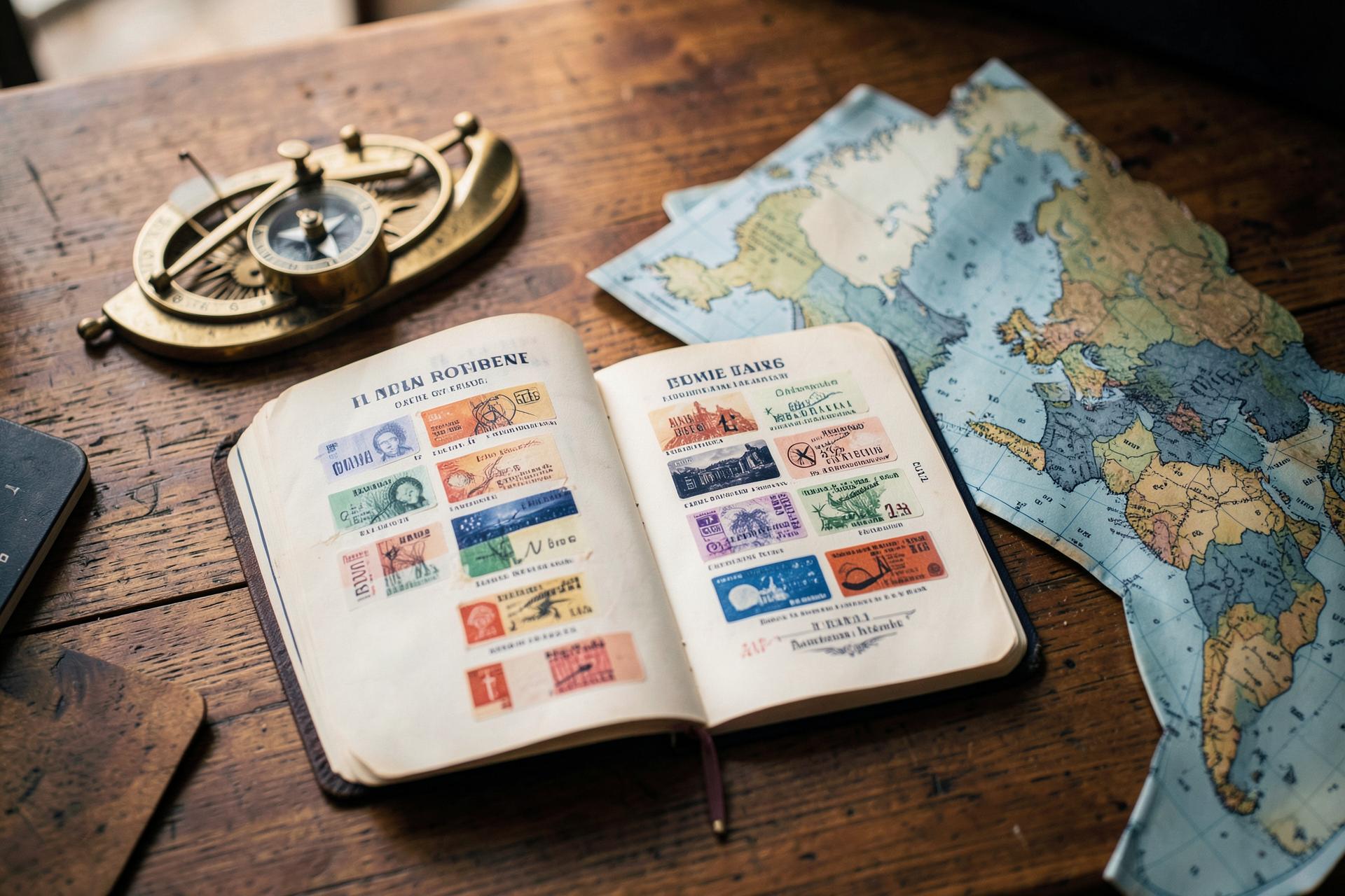 Passport with stamps, compass and world map on a wooden desk